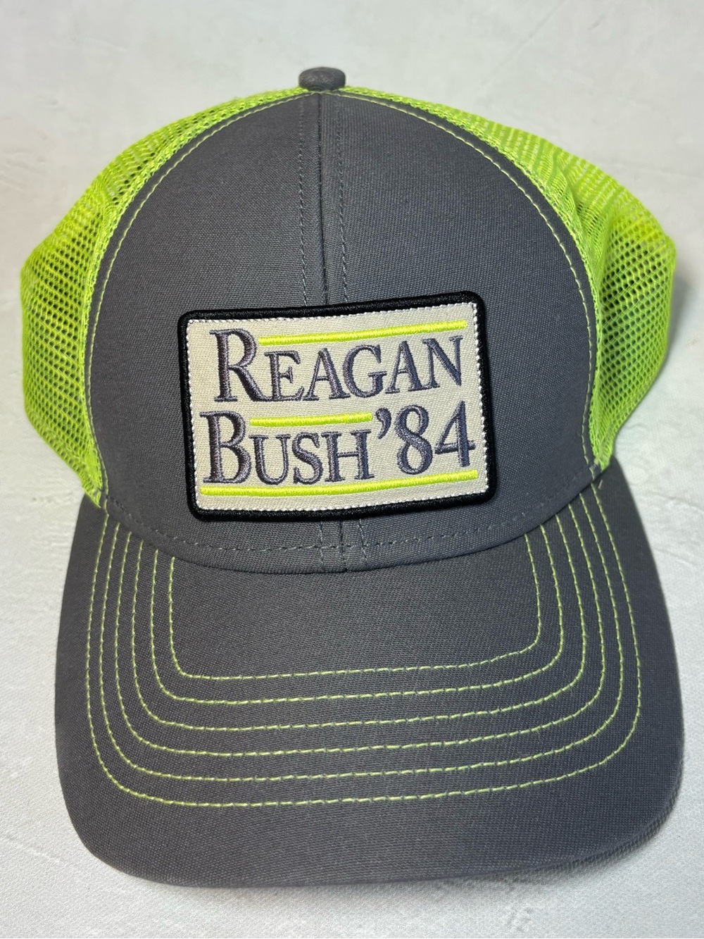Reagan Bush '84 Rowdy Gentleman Patch Trucker Hat - Gray & Neon Green